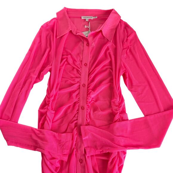 Good American Knockout Pink Sheer Ruched Long Sleeve Mini Dress Size 3 / large - Picture 3 of 6